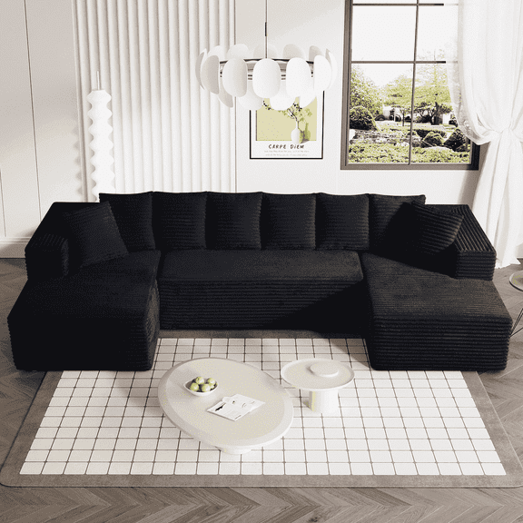 Wiilayok 130" U Shaped Sectional Sofa with Comfy Deep Seat,Cloud Corduroy Sofa Couch for Living Room,No Assembly Required,Black
