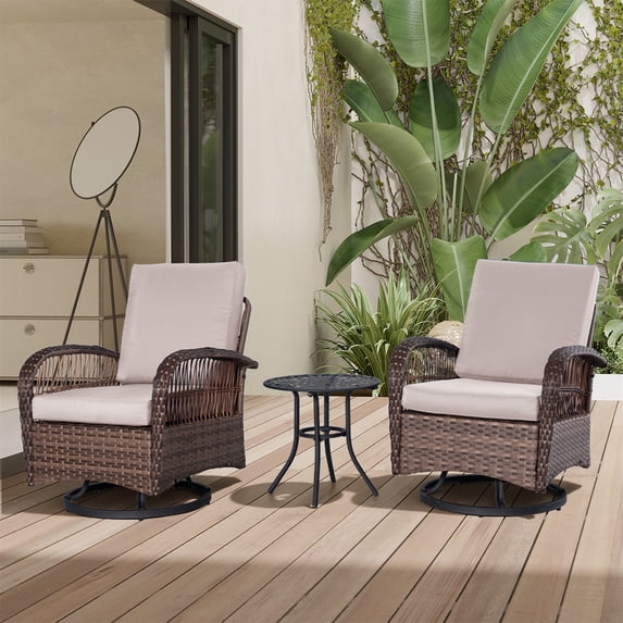 Wiilayok 3 Pieces Outdoor Swivel Glider Rocker Bistro Set, PE Wicker Rattan Patio Furniture Set, Rocking Chairs for Porch Deck Backyard, Beige