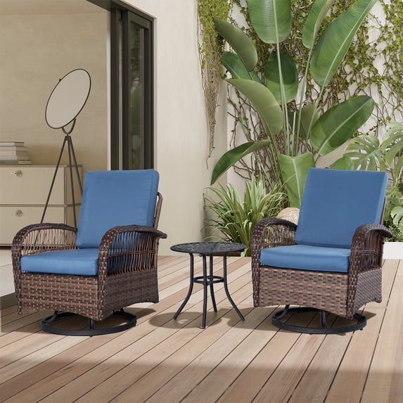 Wiilayok 3 Pieces Outdoor Swivel Glider Rocker Bistro Set, PE Wicker Rattan Patio Furniture Set, Rocking Chairs for Porch Deck Backyard, Navy Blue