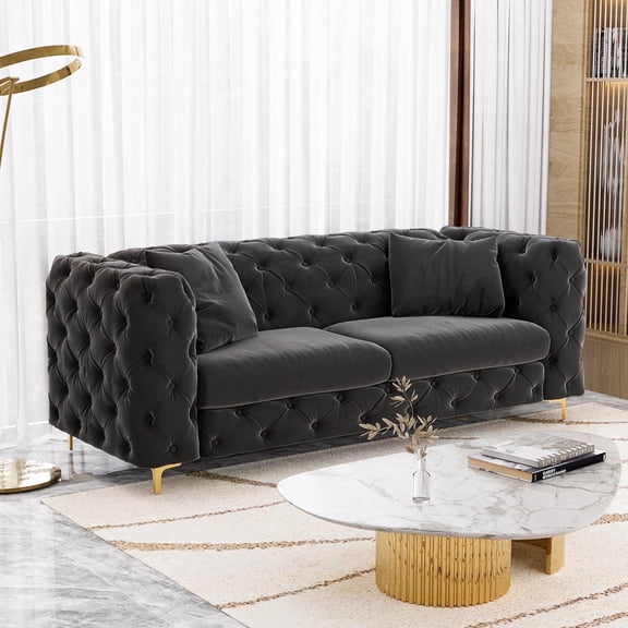 Wiilayok 75" 3 Seater Velvet Sofa,Modern Upholstered Tufted Sofa with Golden Metal Legs and 2 Pillows,Comfy Sofa Couch for Living Room,Black