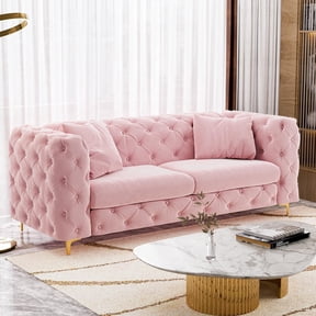 Wiilayok 75" Mid-Century Velvet Sofa, Modern 3 Seater Sofa Couch with Tufted Back,Gold Metal Legs, Chesterfield Couches for Living Room Office Apartment, Pink