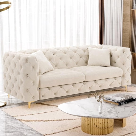 Wiilayok 75" 3 Seater Velvet Sofa,Modern Upholstered Tufted Sofa with Golden Metal Legs and 2 Pillows,Comfy Sofa Couch for Living Room,White