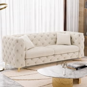Wiilayok 75 3 Seater Velvet Sofa,Modern Upholstered Tufted Sofa with Golden Metal Legs and 2 Pillows,Comfy Sofa Couch for Living Room,White