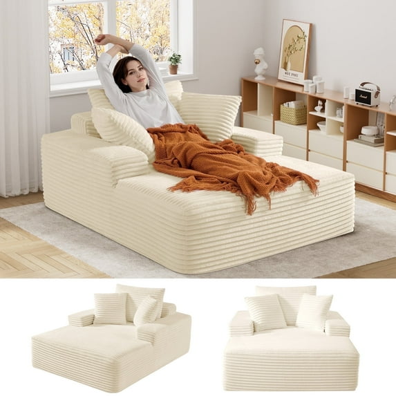 Wiilayok 66" D x 50" W Oversized Boneless Chaise Lounge Chair Indoor, Upholstered Faux Fur Sleeper Sofa Bed, Cloud Sofas Couches for Living Room, No Assembly Required ( Beige )