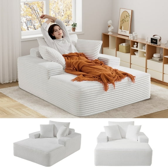 Wiilayok 66" D x 50" W Oversized Boneless Chaise Lounge Chair Indoor, Upholstered Faux Fur Sleeper Sofa Bed, Cloud Sofas Couches for Living Room, No Assembly Required ( White )