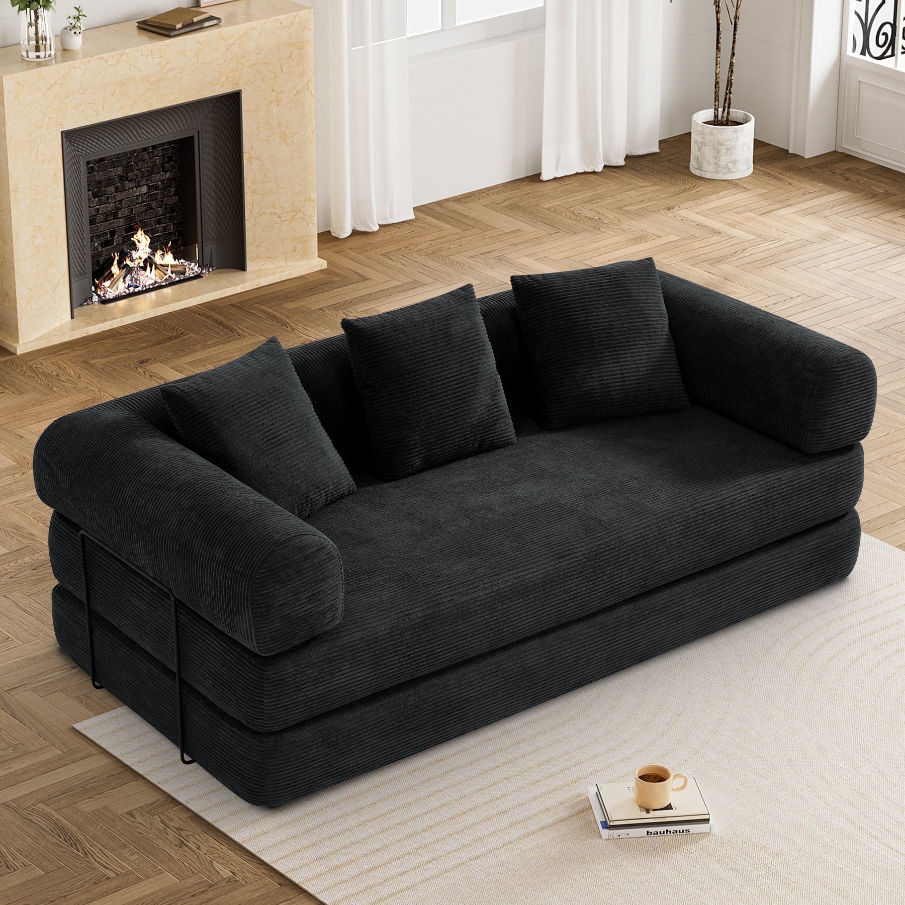 Wiilayok Convertible Sleeper Sofa Bed,Corduroy Modular Folding Mattress Couch with Fixed-Shape Frame,Comfy Futon Sofa Bed for Living Room, Bedroom(78.7",Black)
