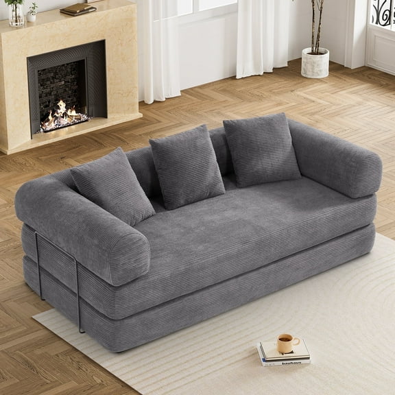 Wiilayok 78.5" Convertible Sofa Bed,Modular Corduroy Futon Sofa Couch with Pillow, 3 Seater Sofa for Living Room, Bedroom,Gray
