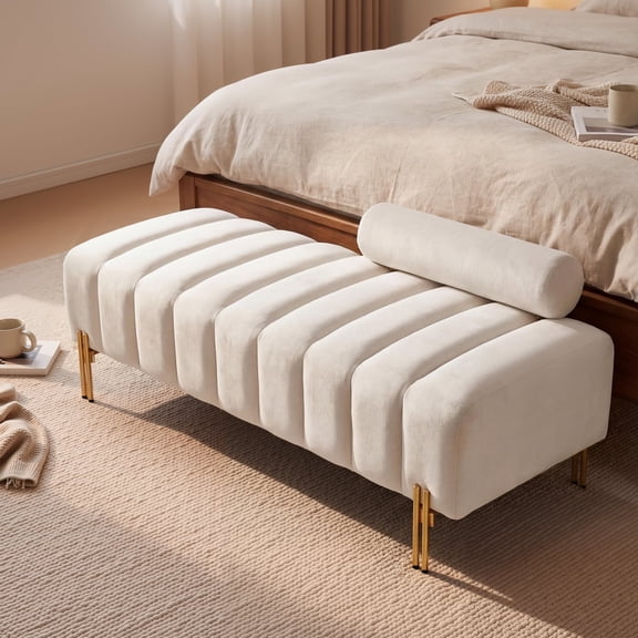 Wiilayok 52" Upholstered Velvet Ottoman Bench,End of Bed Bench with Gold Legs,Tufted Long Bench for Bedroom Living Room Foyer Indoor Entryway, Beige