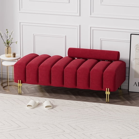 Wiilayok 52" Upholstered Velvet Ottoman Bench,End of Bed Bench with Gold Legs,Tufted Long Bench for Bedroom Living Room Foyer Indoor Entryway,Red