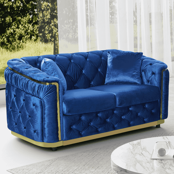 Wiilayok 62.6" Velvet Button Tufted Sofa, Mid-Century Classic Chesterfield 2 Seat Sofa Couch with Thick Backrest,Gold Stainless Loveseat Sofa for Living Room,Blue