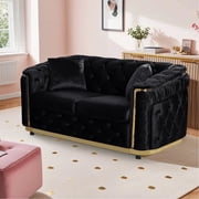 Wiilayok 62.6" Velvet Button Tufted Sofa, Mid-Century Classic Chesterfield Sofa Couch with Thick Backrest,Gold Stainless 2 Love Seat Couches for Living Room,Black