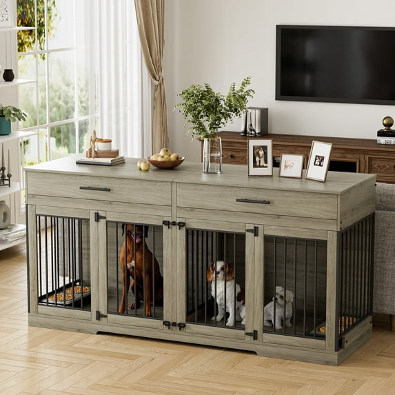 WIILAYOK 72.05" Dog Crate Furniture, Wooden Dog Kennel with 2 Drawers and 4 Dog Bowls, Heavy Duty Indoor Furniture Style Dog Cage House(Grey)