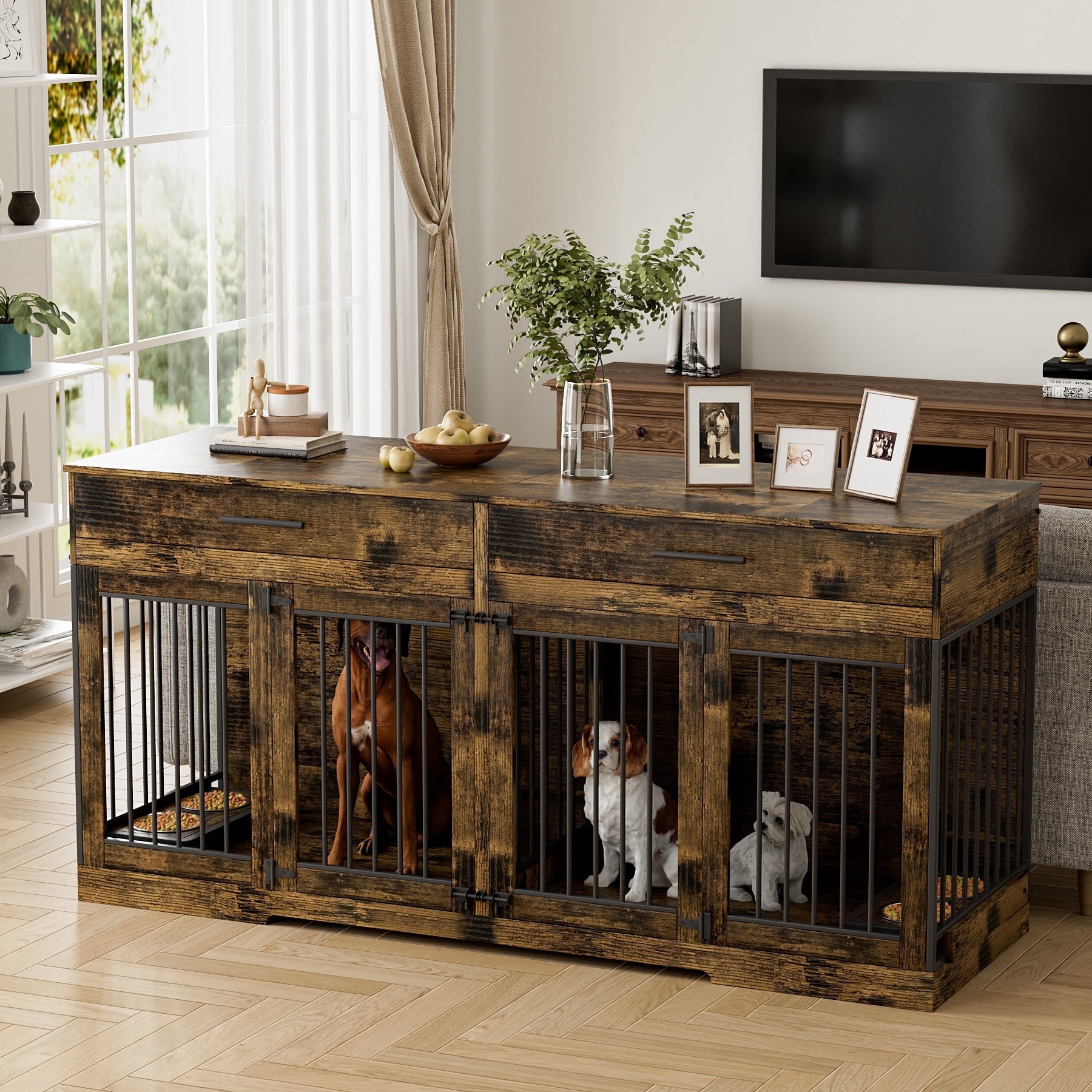 WIILAYOK 72.05" Dog Crate Furniture, Wooden Dog Kennel with 2 Drawers and 4 Dog Bowls, Heavy Duty Indoor Furniture Style Dog Cage House(Rustic Brown)
