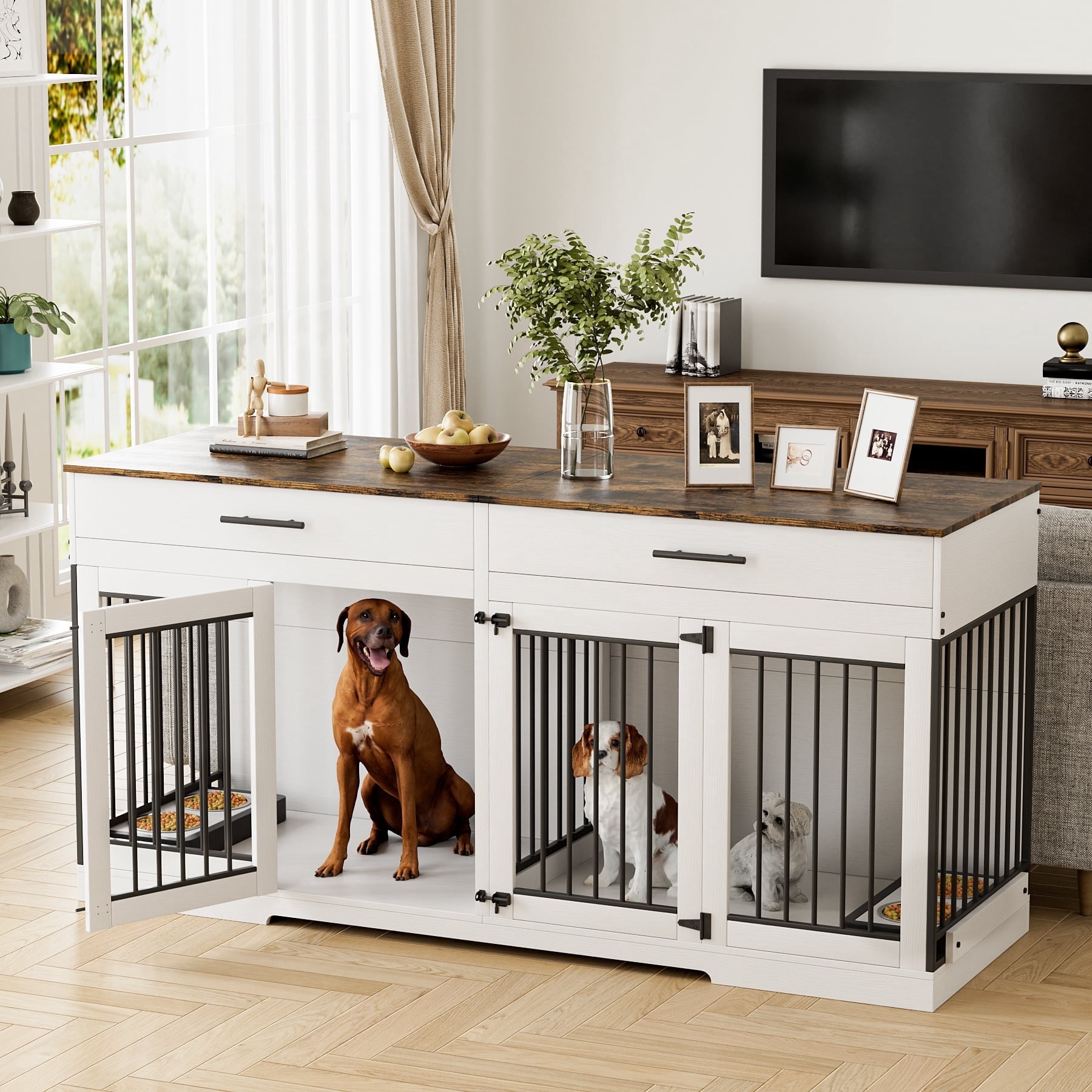 WIILAYOK 72.05" Dog Crate Furniture, Wooden Dog Kennel with 2 Drawers and 4 Dog Bowls, Heavy Duty Indoor Furniture Style Dog Cage House