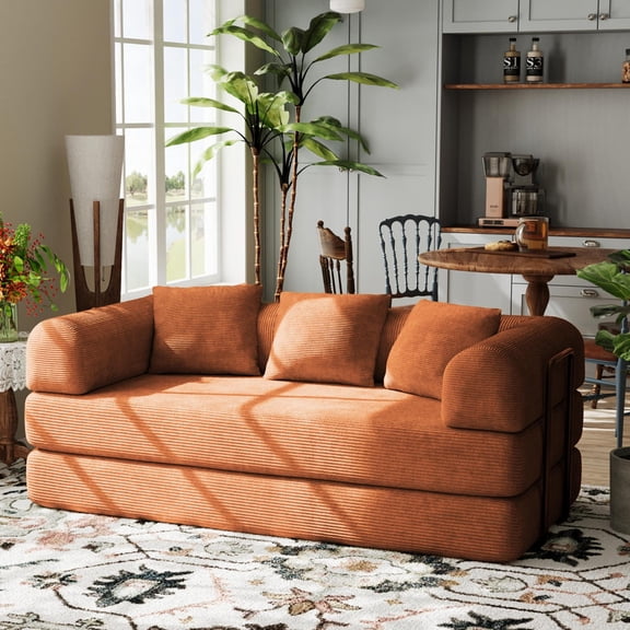Wiilayok 78.7" Futon Sofa Bed,Orange Corduroy Convertible Futon Couch for Living Room Bedroom Small Spaces Apartment,No Assembly Required