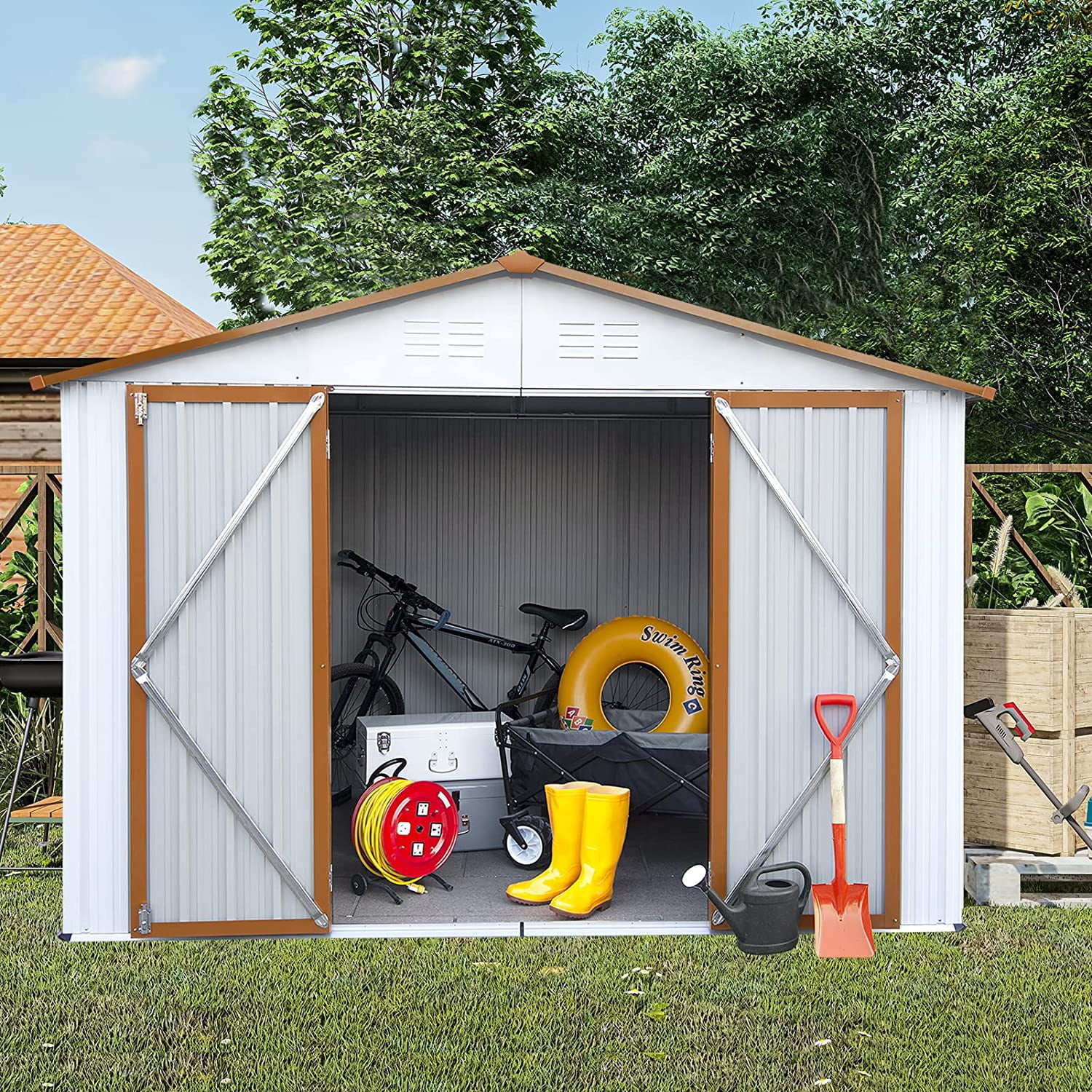 Ouyessir 8' x 6' Outdoor Storage Shed, Steel Metal Shed with Floor Frame,Double Lockable Doors