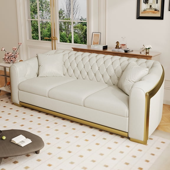 Wiilayok 84" Velvet Luxury 3 Seat Sofa, Mid-Century Classic Chesterfield Sofa Couch With Button Tufted,Golden Lines for Living Room,Beige