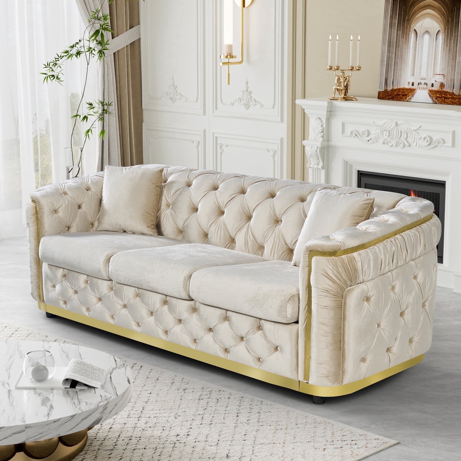 Wiilayok 84.6" Velvet Button Tufted Sofa,Mid-Century Classic Chesterfield Sofa Couch with Thick Backrest&Armrest,Gold Steel Accents,3 Seat Sofa Couches for Living Room,Beige