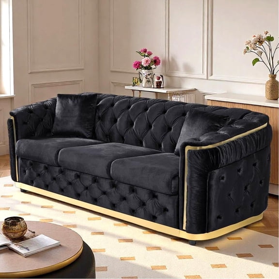 Wiilayok 84.6" Velvet Luxury Button Tufted Sofa, Mid-Century Classic Chesterfield Sofa Couch with Thick Backrest& armrest,Gold Steel Accents,3 Seat Sofa Couches for Living Room,Black