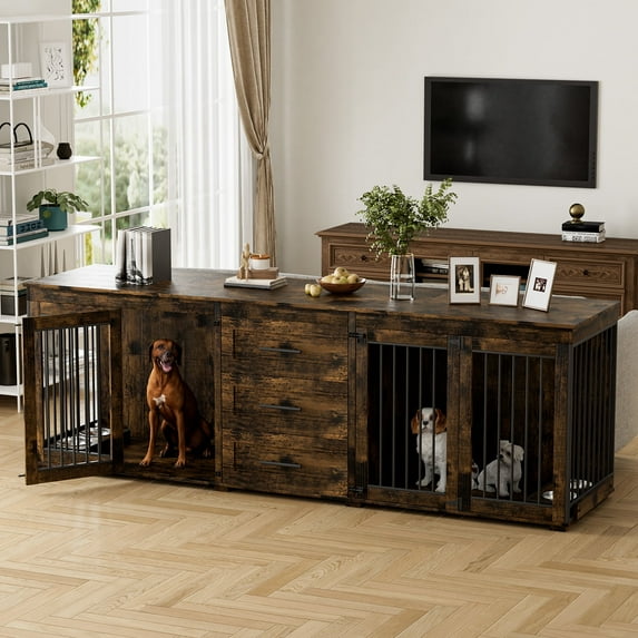 Wiilayok 94.5" Large Double Dog Crate Furniture, Wooden Double Dog Kennel Furniture with 3 Drawers and 4 Dog Bowl, Heavy Duty Indoor Furniture Style Dog Cage House(Brown)
