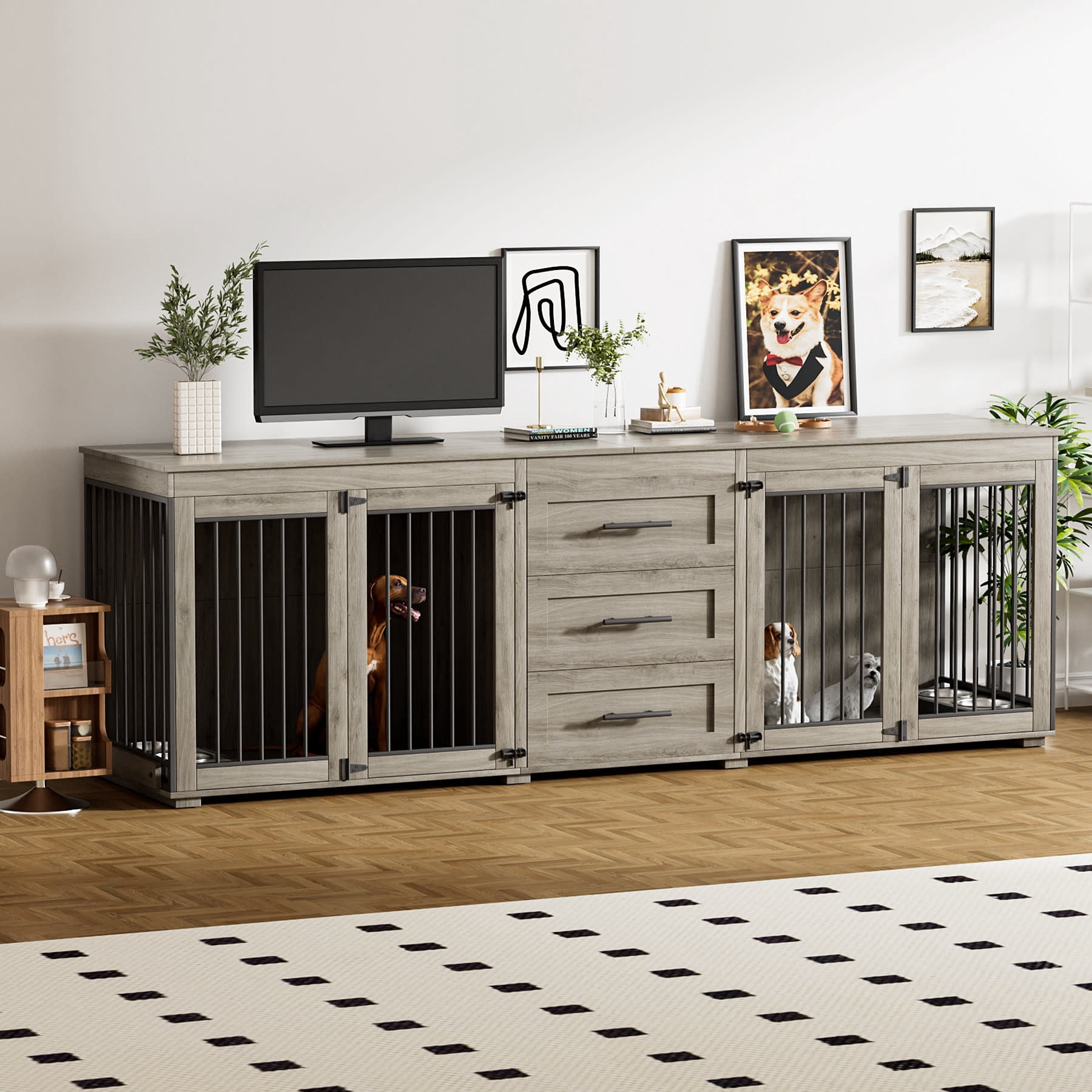Wiilayok 94.5" Dog Crate Furniture for 2 Large Medium Dogs, Wooden Dog Kennel TV Stand with 3 Storage Drawers, 4 Bowls & Locks, Gray Indoor Dog House