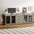 thumbnail image 1 of Wiilayok 94.5" Dog Crate Furniture for 2 Large Medium Dogs, Wooden Dog Kennel TV Stand with 3 Storage Drawers, 4 Bowls & Locks, Gray Indoor Dog House, 1 of 9