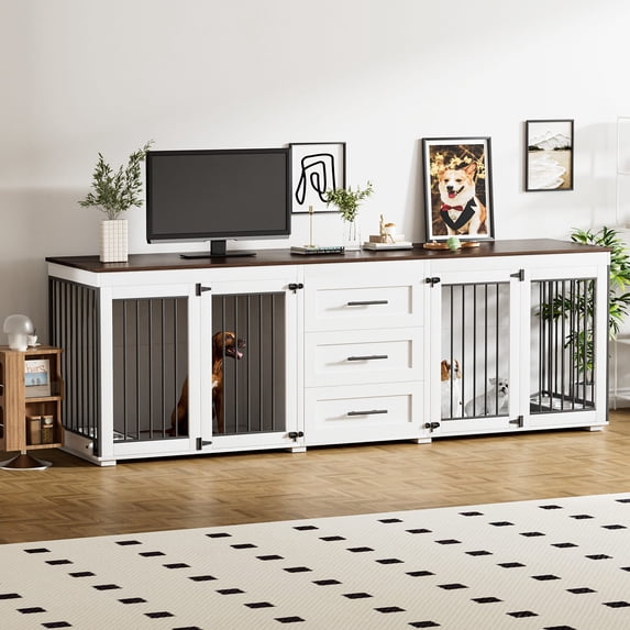 Wiilayok 94.5" Dog Crate Furniture for 2 Large Medium Dogs, Wooden Dog Kennel TV Stand with 3 Storage Drawers, 4 Bowls & Locks, White Indoor Dog House