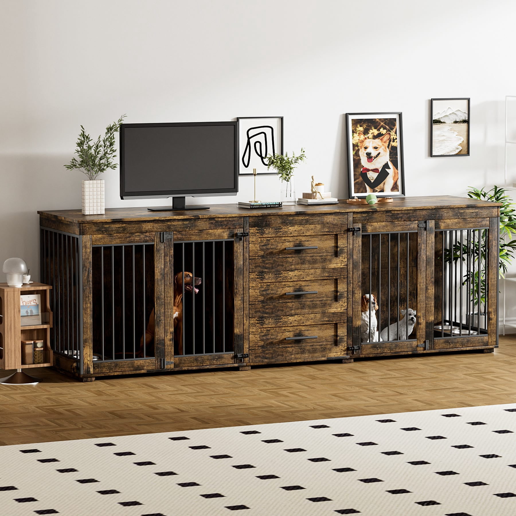 Wiilayok 94.5" Dog Crate Furniture for 2 Large Medium Dogs, Wooden Dog Kennel TV Stand with 3 Storage Drawers, 4 Bowls & Locks, Brown Indoor Dog House