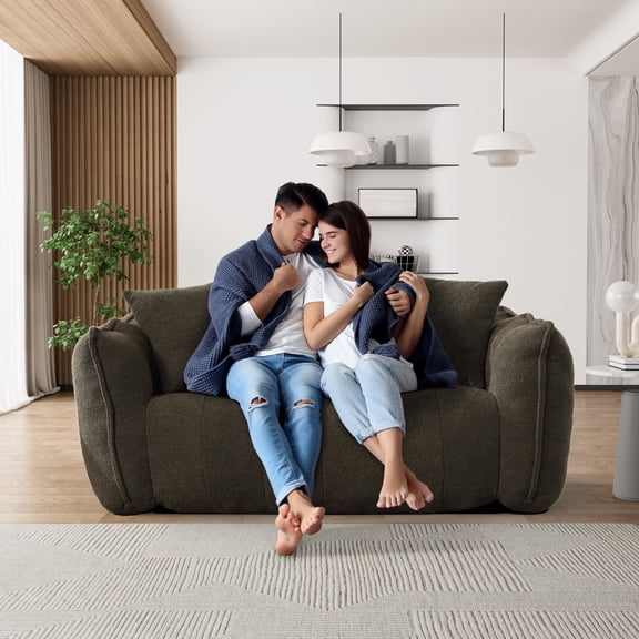 Ouyessir Chenille Bean Bag Sofa Chair, Cute Loveseat Sofa Couch with Two Pillows and Petal Backrest for Living Room Bedroom, Olive Green