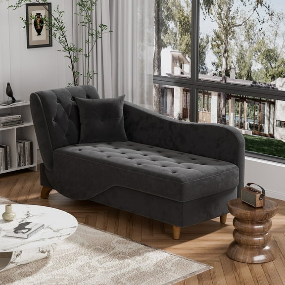 Wiilayok Chaise Lounge Chair Indoor Furniture with Storage,Adjustable Recling Sleeper Sofa Lounge Chair with Pillow,Velvet Futon Sofa Couch Bed for Living Room Bedroom, Black
