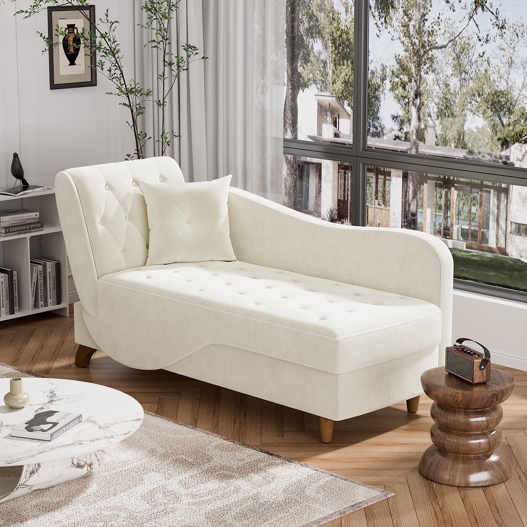 Wiilayok Chaise Lounge Chair Indoor Furniture with Storage Pillow,Adjustable Recling Sleeper Sofa Lounge Chair,Velvet Futon Sofa Couch Bed for Living Room Bedroom,Beige
