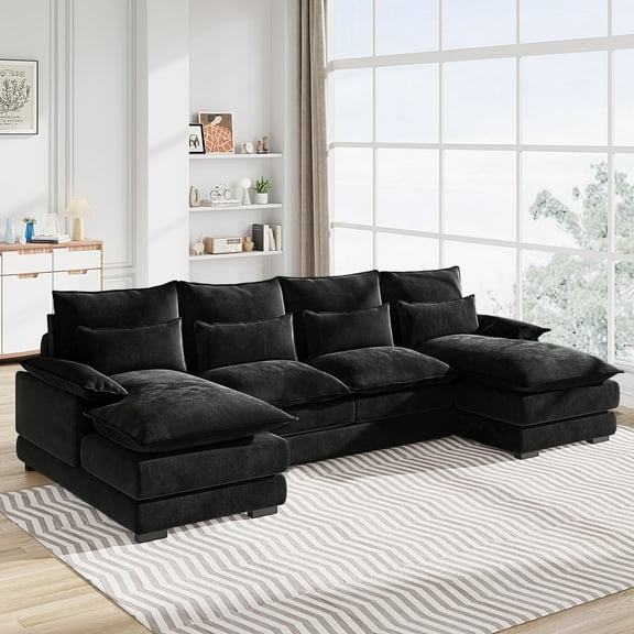 Wiilayok 110" Chenille U Shaped Sectional Sofa Couches,Modular Sectional Sofa Set with Double Chaise for Living Room,Black