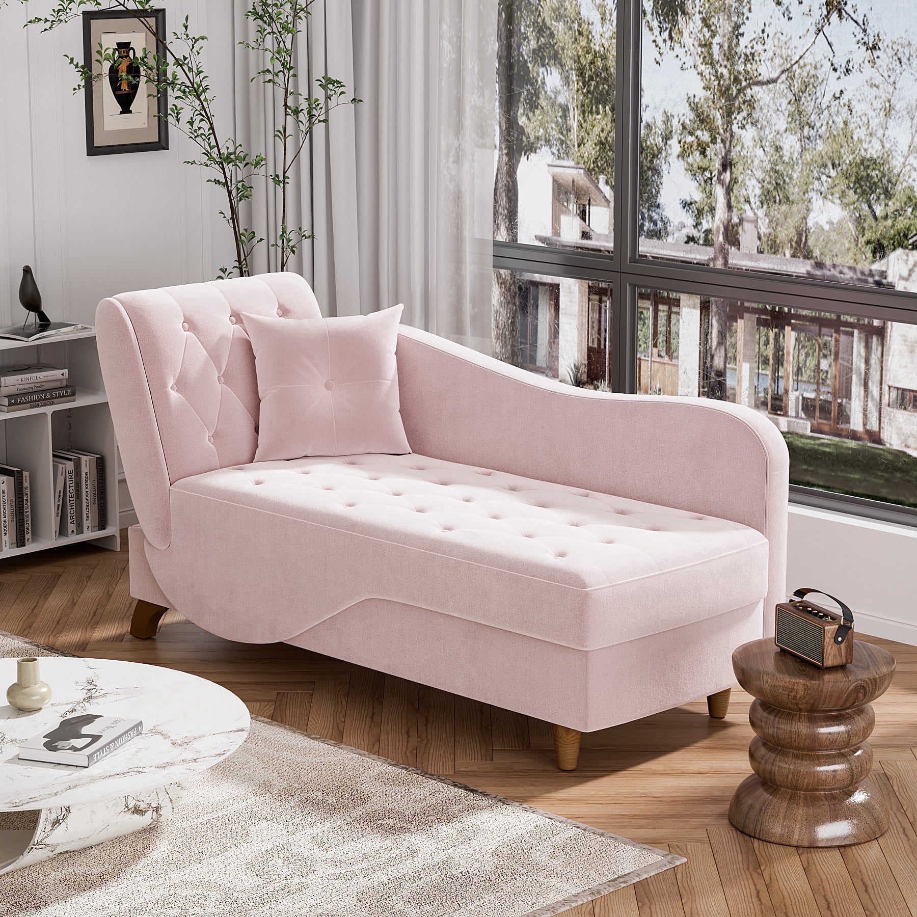 Wiilayok Chaise Lounge Indoor Furniture with Storage,Adjustable Sleeper Sofa Lounge Chair,Velvet Futon Couch Bed,Pink
