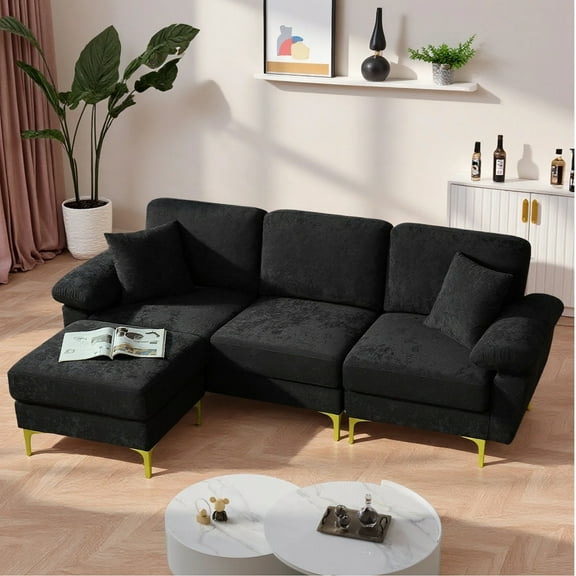 Wiilayok Velvet Modular Sectional Sofa,L Shaped Sectional Sofa Couch with Ottoman&Gold Legs,Comfy 3 Seater Sofa for Living Room Bedroom Apartment(Black, 91" L Shaped)