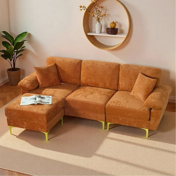 Wiilayok Velvet Modular Sectional Sofa,L Shaped Sectional Sofa Couch with Ottoman&Gold Legs,Comfy 3 Seater Sofa for Living Room Bedroom Apartment(Orange, 91" L Shaped)