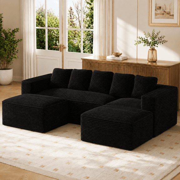 Wiilayok 105" Modular Sectional Sofa with 2 Movable Ottomans, U Shaped Couch 3-Seat Corduroy Cloud Sofa for Living Room, Black