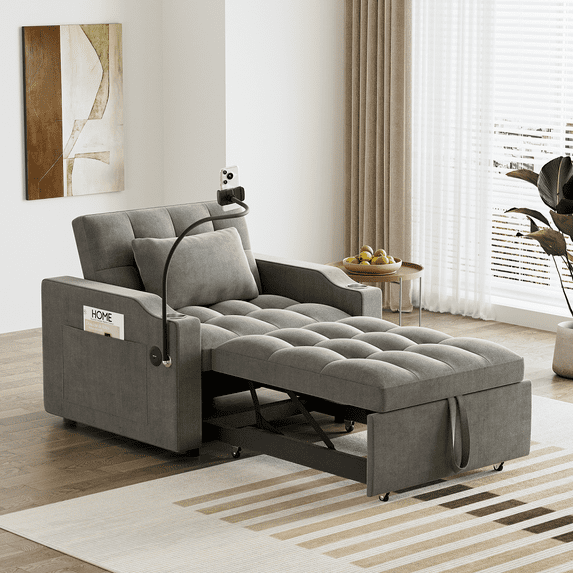 Wiilayok 3 in 1 Single Sleeper Sofa Chair with Pullout Bed, Convertible Pull Out Couch with Adjustable Backrest, Modern Velvet Chaise Lounge with USB Port & Cupholder for Small Spaces,Dark Grey