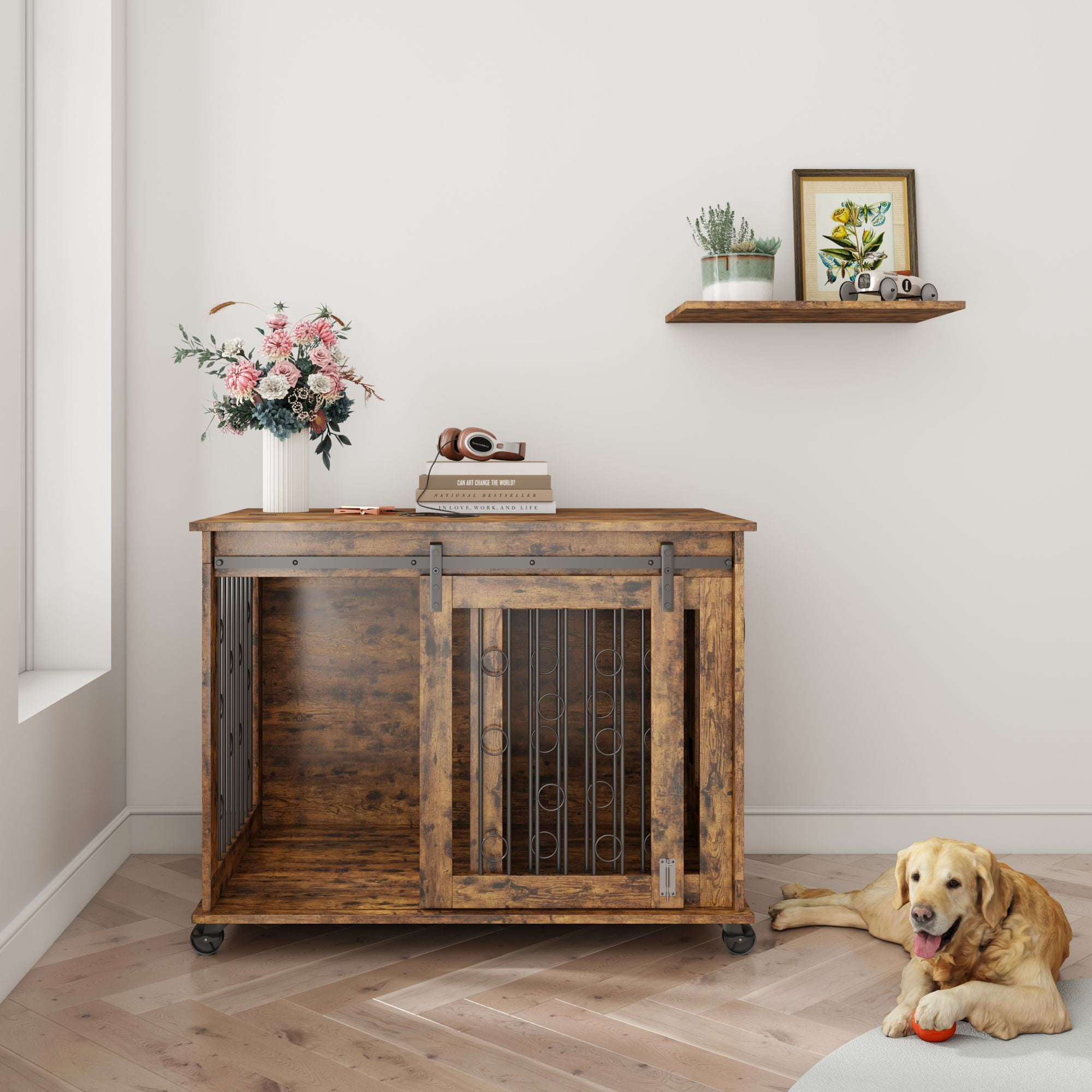 Image result for Ouyessir Dog Crate, Large Dog Kennel Furniture Indoor,Chew-Resistant Natural Wood Dog House ...