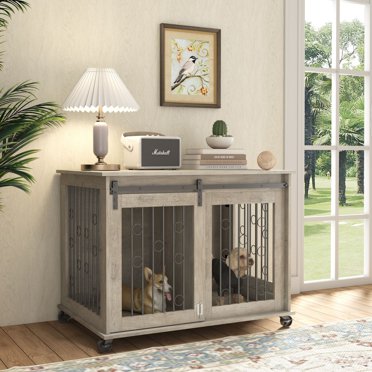 Homfa XL Wooden Dog Crate, Indoor Pet House with Storage Cabinet and 2 ...