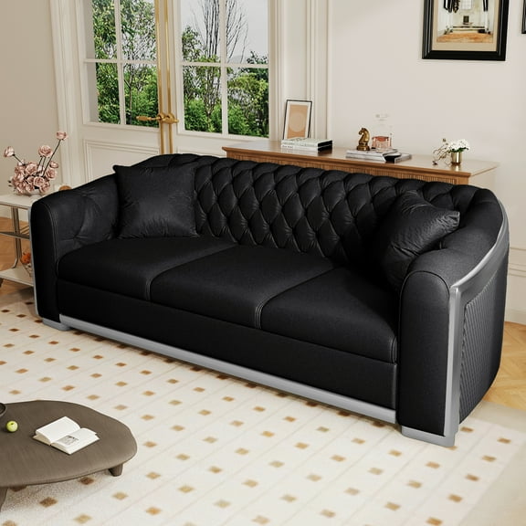 Wiilayok 84" Velvet Luxury 3 Seat Sofa, Mid-Century Classic Chesterfield Sofa Couch With Button Tufted,Silver Lines for Living Room,Black