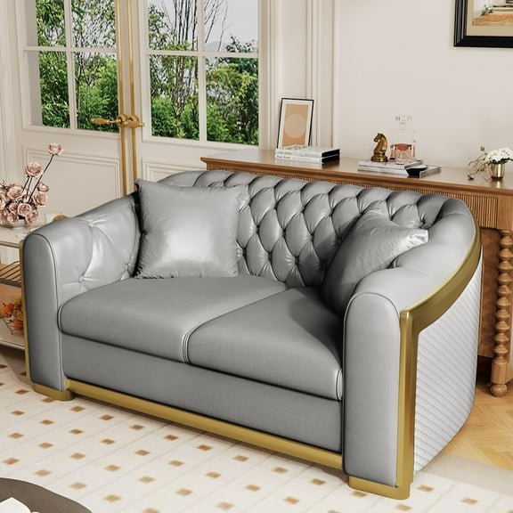 Wiilayok 62" Velvet Luxury 2 Seat Sofa,Mid-Century Classic Chesterfield Sofa Couch With Button Tufted,Gold Stainless Loveseat Sofa for Living Room,Gray