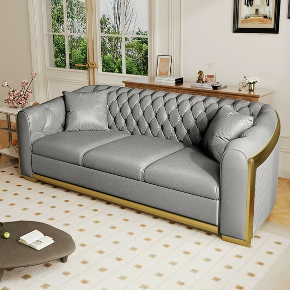 Wiilayok 84" Velvet Luxury 3 Seat Sofa, Mid-Century Classic Chesterfield Sofa Couch With Button Tufted,Golden Lines for Living Room,Gray