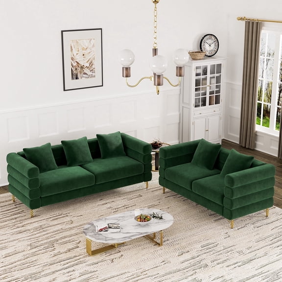 Wiilayok Cloud Couch Set,Velvet 3 Seater &2 Seater Sofa Set with Gold Legs,Pillows,Modern Sectional Sofa Couch for Living Room,Office Apartment,Emerald Green