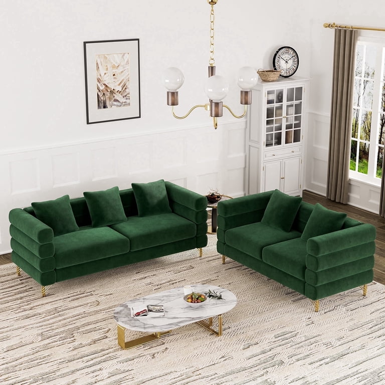 Wiilayok 2 Piece Velvet Sofa,3 Seat &2 Seater Sofa Set with Gold Legs, Modern Cloud Couch for Living Room Office Apartment,Emerald Green