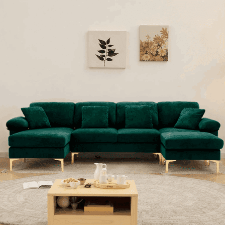 Wiilayok Modern Convertible Sectional Sofa, Velvet Fabric U Shaped Modular Couch with Double Reversible Chaise & Ottoman, 4 Seat Oversized Sofa for Living Room, Emerald Green