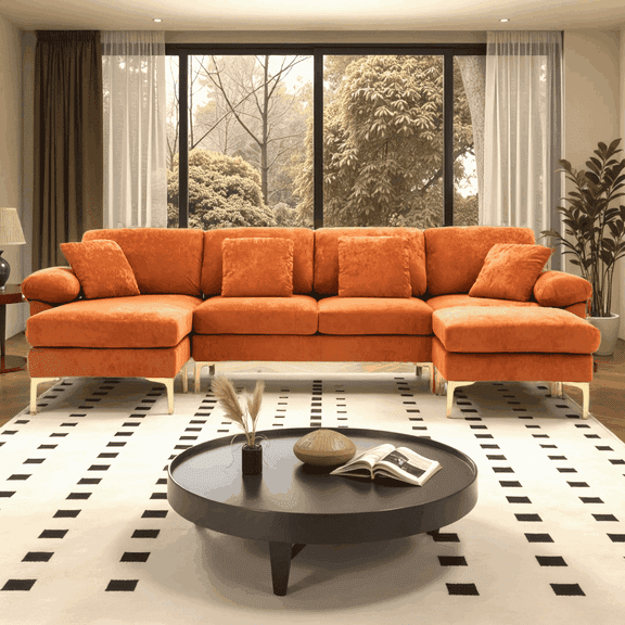 Wiilayok U Shaped Sectional Sofa,Velvet Modular 4 Seat Sofa Couch,114 inch L-Shaped Couch Set with Chaise Lounge, Ottoman& Pillows for Living Room,Orange