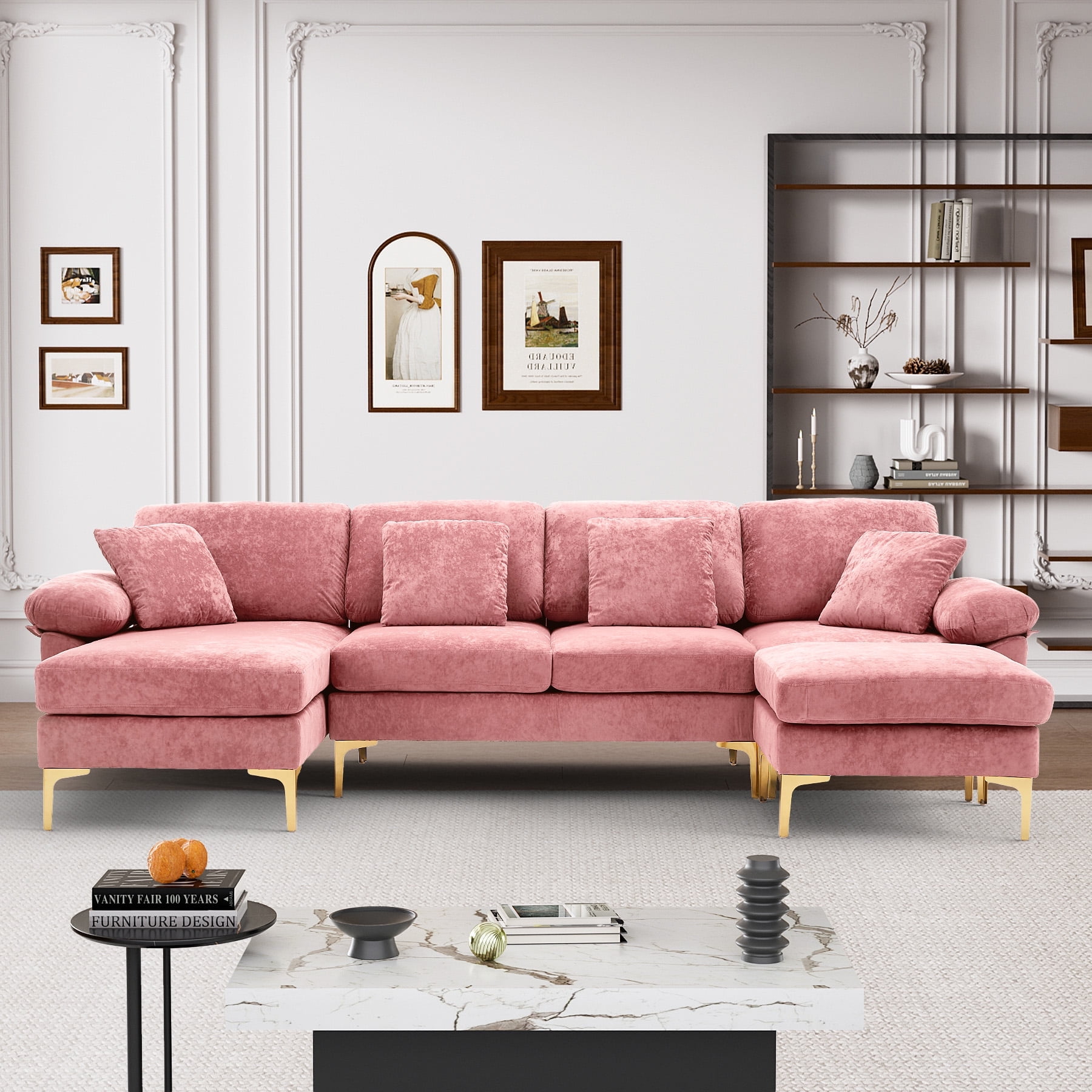 Wiilayok Modern Convertible Sectional Sofa, Velvet Fabric U Shaped Modular Couch with Double Reversible Chaise & Ottoman, 4 Seat Oversized Sofa for Living Room, Pink