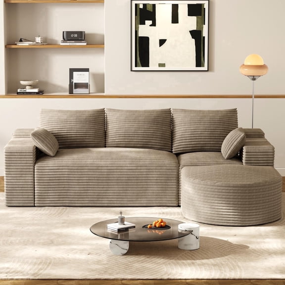 Wiilayok 108" L Shaped Sectional Sofa, Corduroy Modular Cloud Couch with Curved Ottoman, Deep Seat for Living Room Apartment, ,No Assembly,Brown