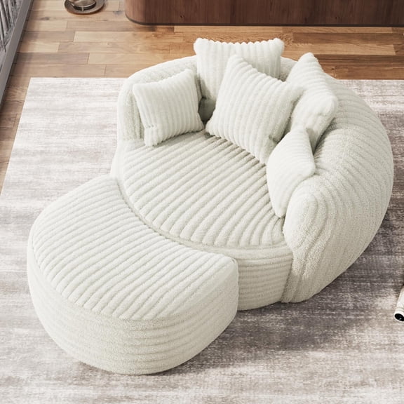 Wiilayok 50" W Oversized Chaise Lounge Chair Indoor Furniture,Corduroy Compressed Round Deep Seat Cloud Sofa Couch with Ottoman,5 Pillows for Living Room, Bedroom, Beige