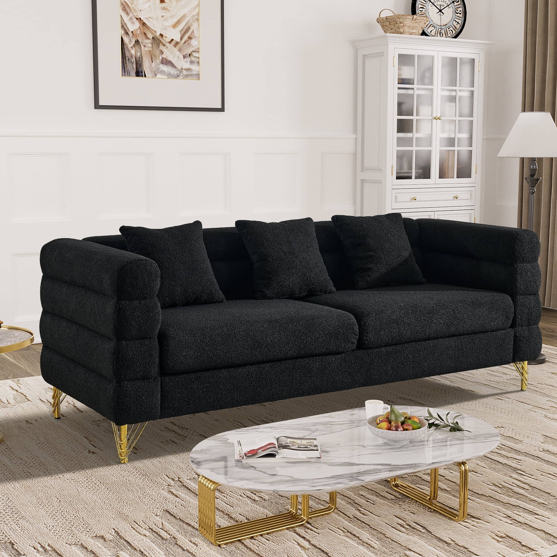 Wiilayok Modern Living Room Sofa,Teddy Fabric Upholstered Sofa Couch with Golden Metal Legs,Classic 3-Seater Sofa Comfy Sofa,Black